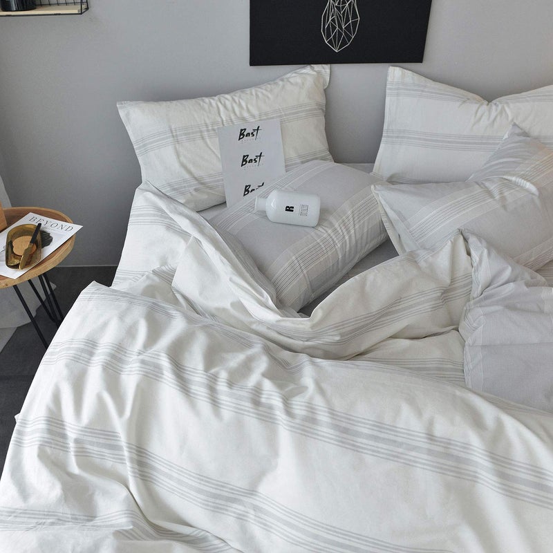 OREISE Duvet Cover Set King Size 100% Cotton White/Light Gray Printed Striped Style Reversible Design 3Piece Bedding Set (1 Duvet Cover + 2 Pillow Shams) with Zipper Closure Soft Breathable Luxury - Image 5